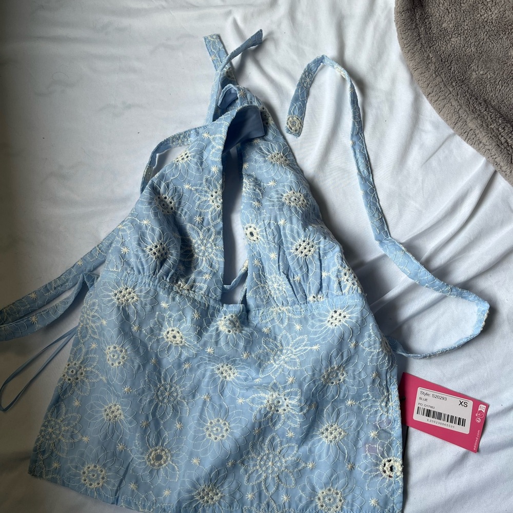 Edikted Light Blue Halter Top with Floral Embroidery